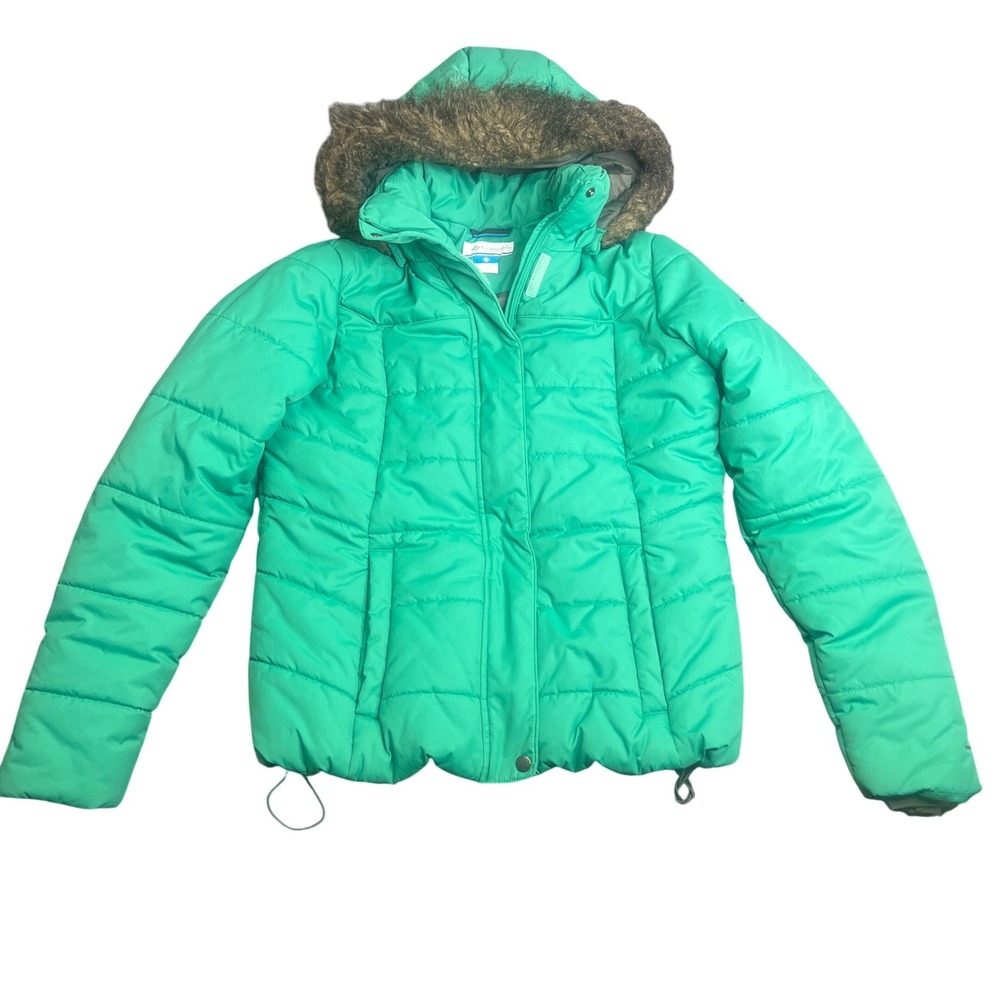 Columbia Womens Green Puffer Jacket Detachable Faux Fur Hood Size L